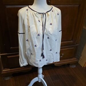 Lucky Brand Cream Blouse with Blue and Red Embroidery